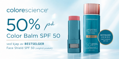 Colorescience Color Balm SPF 50 kampanje med 50 prosent rabatt ved kjøp av Face Shield SPF 50 solkrem hos Elite Klinikken